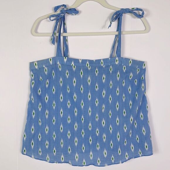 J. Crew Factory Top, Chambray Blue with Green & White Ikat Print, Size Medium - Picture 1 of 6